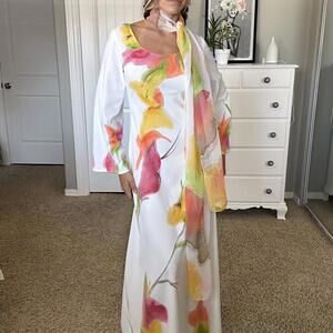 Gorgeous White and Floral Long Sleeve Dress with Neck Tie